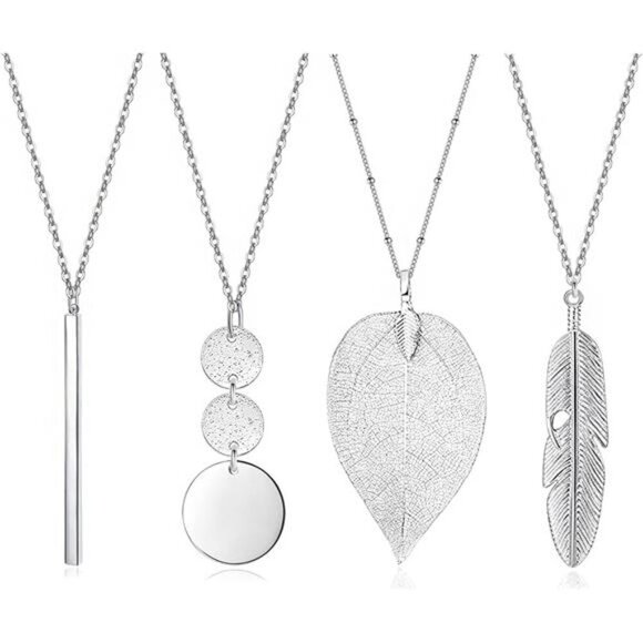 4 Long Necklaces for Women  Fashion Pendant Necklace Jewelry, Silver Bar Feather - Picture 1 of 8